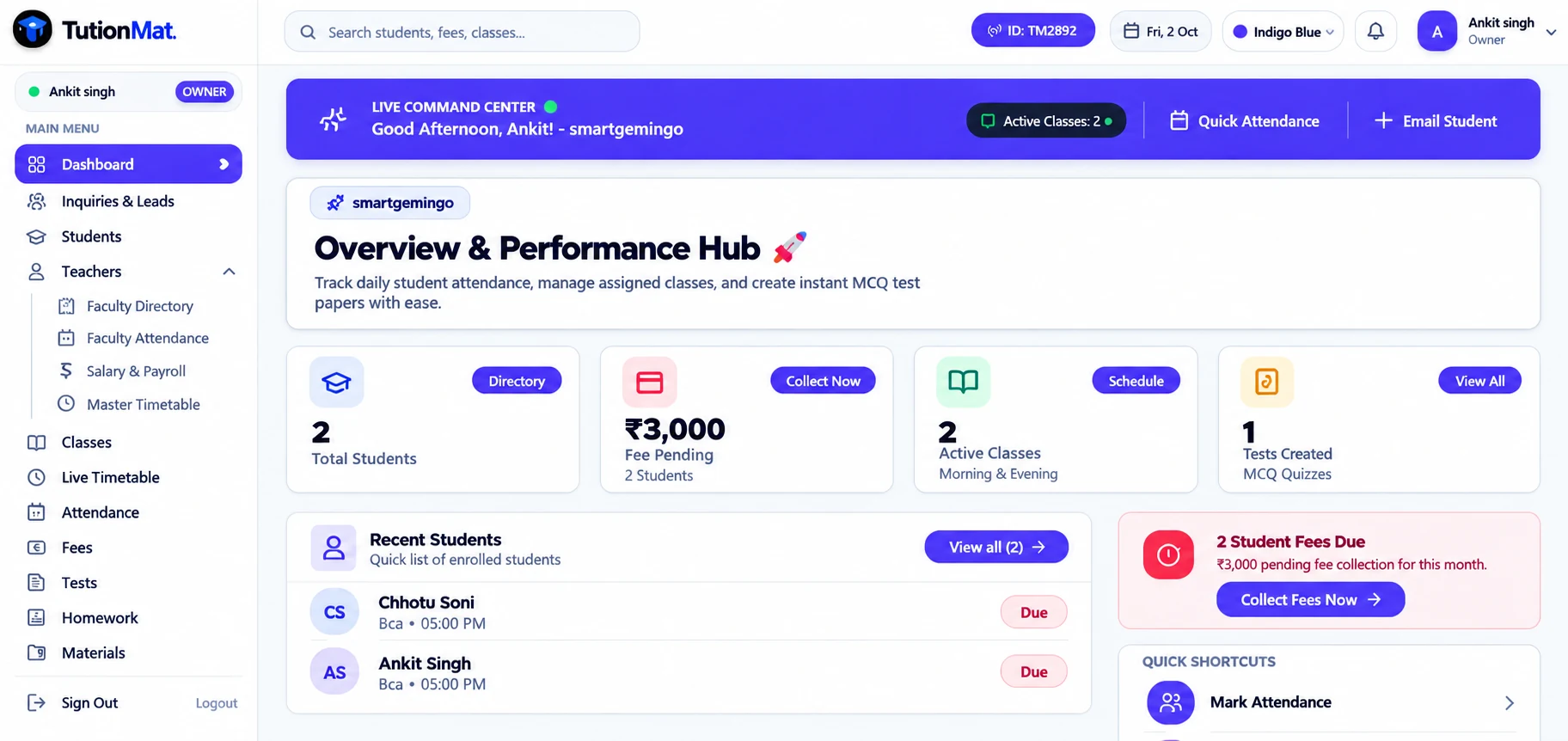 TutionMat Software Dashboard UI - All-in-One Coaching & Tuition Management OS
